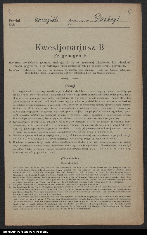 Obraz 6 z jednostki "[Kwestionariusze dotyczące stwierdzenia gruntów znajdujących się po niemieckiej stronie pogranicza a zarządzanych przez zamieszkałych po stronie polskiej] powiat leszczyński"