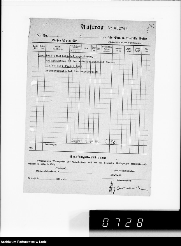 Obraz 10 z jednostki "Heeresbekleidungsamt Posen.Kriegsauftrag s.1/2"