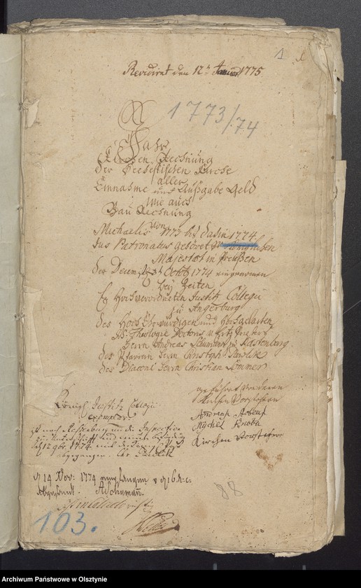 image.from.unit.number "Jahr Kirchen Rechnung der Seehestenschen Kirchen aller Einnahme und Ausgabe wie auch Bau-Rechnung"
