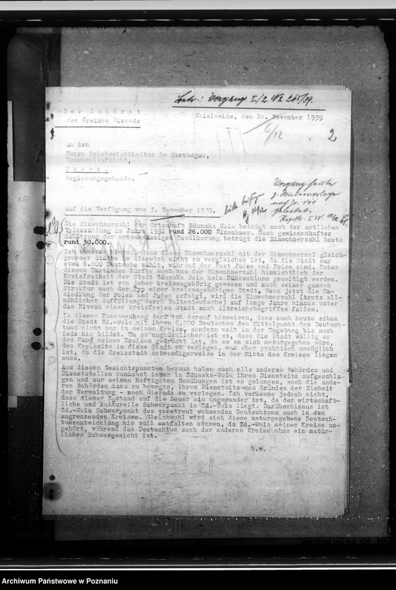 Obraz 6 z jednostki "Berichte das Landrats des Kreises Sieradz über die Einwohnerzahl von zduńska Wola und die Beutegüter auf dem Eisenbahngelünde in Karsznice und Zduńska Wola"