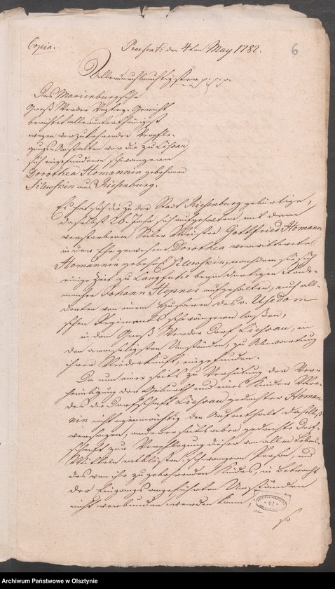 image.from.unit.number "In S. [Sachen] der zu Lißau sich jetz aufhaltenden Schwangern Dorothea Homannin wegen ihrer Verpflegung aus der Riesenburgschen Armen-Caße"