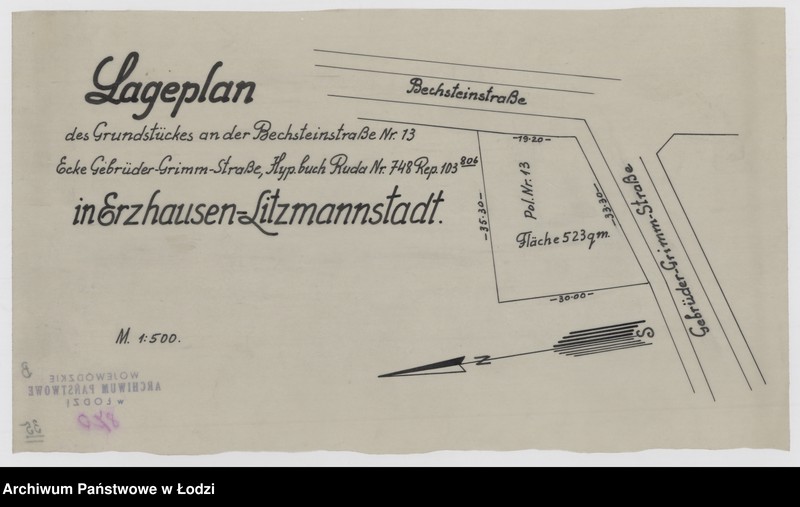 Obraz 1 z jednostki "Lageplan des Grundstückes an der Bechsteinstrasse Nr 13 Ecke Gebrüder Grimm Strasse Hypothek buch Ruda Nr 748, Rep. 103/806 in Erzhausen-Litzmannstadt"