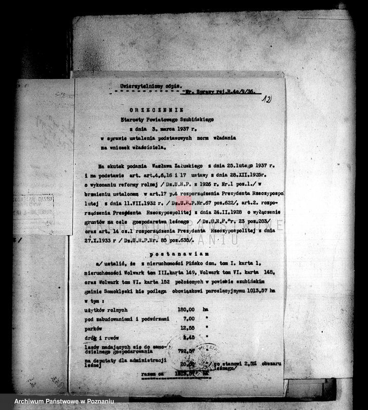 Obraz 16 z jednostki "Wyłączenie z art.4 i 5 ustawy o reformie rolnej powiatu szubińskiego sprawy ogólne"