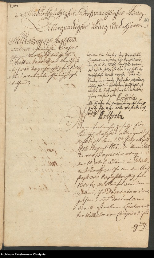 image.from.unit.number "In S. [Sachen] der verwittibten Lieutenantin Sophia Elisabeth von Campier. Den Verkauff ihrer 10 Adelichen Huben in Dietrichsdorff [Wietrzychowo] an den Christoph von Naguschewski"