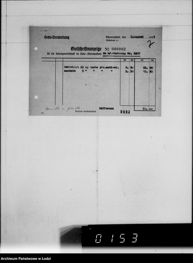 Obraz 11 z jednostki "Gutschriftsanzeigen für die Judengemeinschaft im Getto Litzmannstadt Nr 000001"