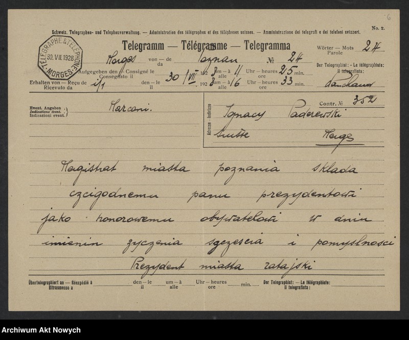 image.from.unit.number "Władze miejskie m. Poznania; Załączniki: a) zaproszenia; b) telegramy C. Ratajskiego (prez. m. Poznania) do E. B. Wilson (żony prez. W. Wilsona) i gen. Pershinga (rękopisy I. Paderewskiego dla C. Ratajskiego); c) telegramy E. B. Wilson, gen. I. Pershing