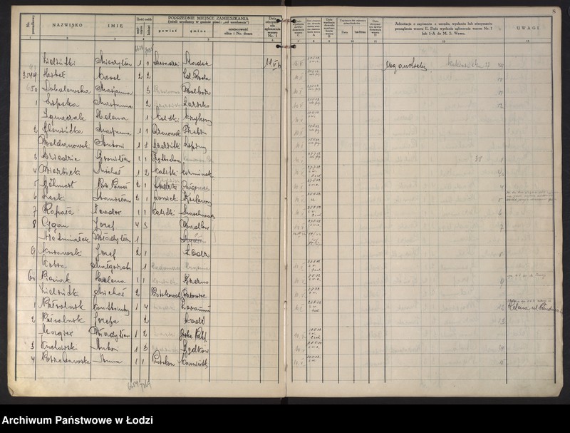 Obraz 11 z jednostki "Księga kontroli ruchu ludności (rejestr osób przybywających do gminy) Łódź, komisariat IX, ks. II, nr 3450-6450"