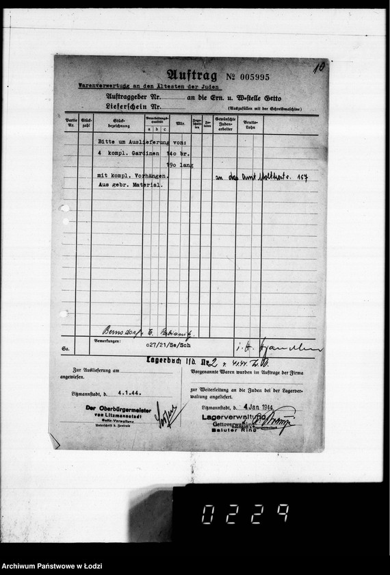Obraz 14 z jednostki "Warenverwertung an den Ältesten der Juden 4 kompl.Gardinen [oraz konfekcji]"