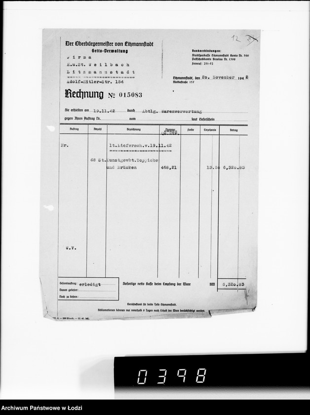 Obraz 16 z jednostki "F-ma St.Weilbach Litzmannstadt IV Warenverwertung an Lager 99"