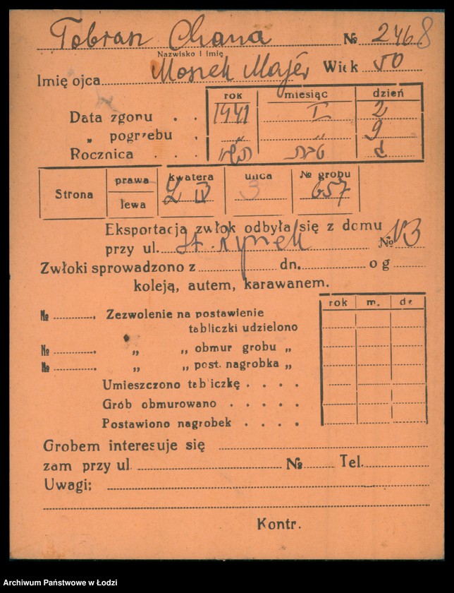 Obraz 9 z jednostki "Kartoteka osób pochowanych na cmentarzu żydowskim przy ulicy Brackiej w latach 1892-1957. Nazwiska na litery: To-Ty"