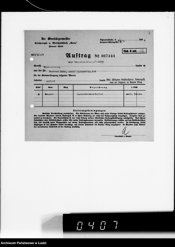 Obraz 11 z jednostki "[Upoważnienia do odbioru produktów żywnościowych i innych materiałów dostarczanych dla Getta] Auftragskopien"