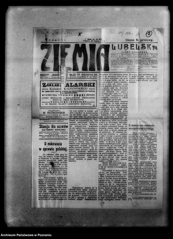 Obraz 17 z jednostki "Wycinki prasowe [Gazeta Poznańska, Ziemia lubelska] na tematy wojny 1918 rok, mapa terenu wojny z Rosją [1914- 1916], ogłoszenia i dwie karty kolorowe na temat pożyczki wojennej, odezwa dowództwa wojsk niemieckich do Polaków w Królestwie Polskim, rozporządzenia w prasie dotyczące aprowizacji w czasie wojny [1915 r.]. Gazeta Gdańska 22 VI 1918 r."