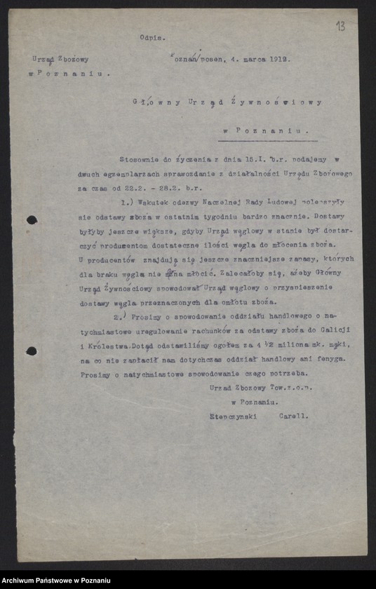 Obraz 15 z jednostki "[Sprawozdania Urzędu Zbożowego w Poznaniu dla Departamentu Aprowizacji byłej Dzielnicy Pruskiej]"