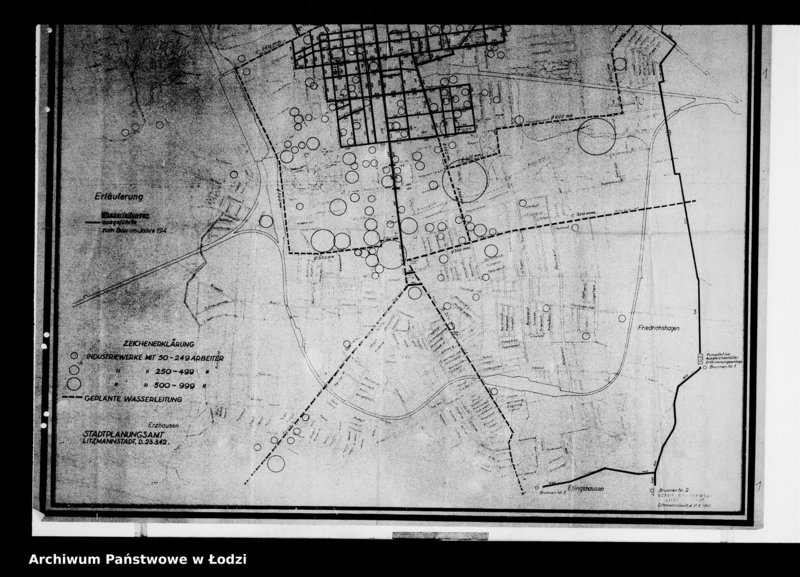 Obraz 5 z jednostki "Monatsberichte [Wydziałów G.V. Plan rozmieszczenia zakładów przemysłowych w Getcie według liczby robotników]"