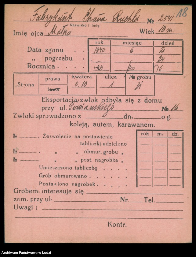 Obraz 19 z jednostki "Kartoteka osób pochowanych na cmentarzu żydowskim przy ulicy Brackiej w latach 1892-1958. Nazwiska na litery: Fa-Fä"