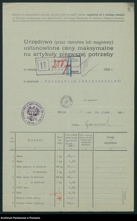 Obraz 16 z jednostki "[Wykazy cen maksymalnych artykułów spożywczych w poszczególnych miastach Województwa Pomorskiego za miesiące czerwiec i lipiec 1920 roku]"