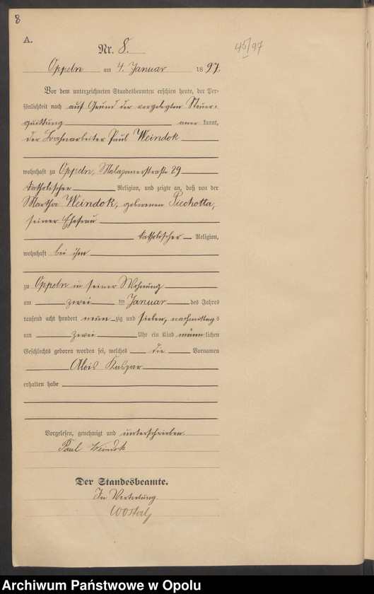 Obraz 12 z jednostki "Urząd Stanu Cywilnego w Opolu 1897 Rejestr Urodzeń Księga Miejscowa Nr 1 do 554"