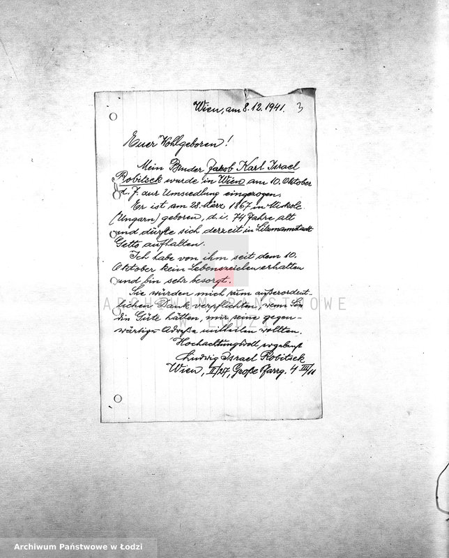 Obraz 5 z jednostki "[Korespondencja z osobami w różnych krajach w sprawie informacji o Żydach zamieszkałych w getcie łódzkim, wsiedlonych z Wiednia]"