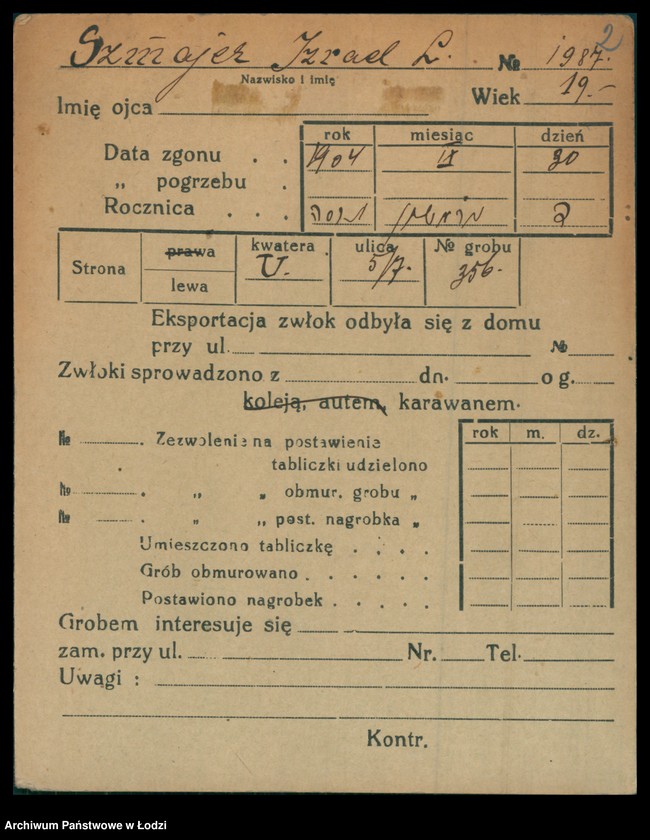 Obraz 3 z jednostki "Kartoteka osób pochowanych na cmentarzu żydowskim przy ulicy Brackiej w latach 1892-1957. Nazwiska na litery: Szn-Szt"