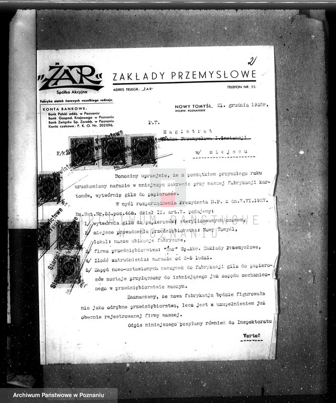 Obraz 6 z jednostki "Zatwierdzenie zakładu przemysłowego firmy "Żar" /fabryki tutek do papierosów/ w Nowym Tomyślu"