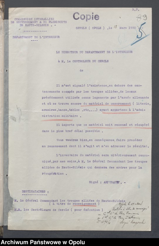 Obraz 11 z jednostki "Materiel du Genie-Outils Couchage et Ameublement-Eclairage-Eau-Materiel de Sport /Korespondencja i zarządzenia w sprawie zaopatrzenia w narzędzia, sypialnie, umeblowanie, oświetlenie.../ 27.01.1920 - 14.08.1921"