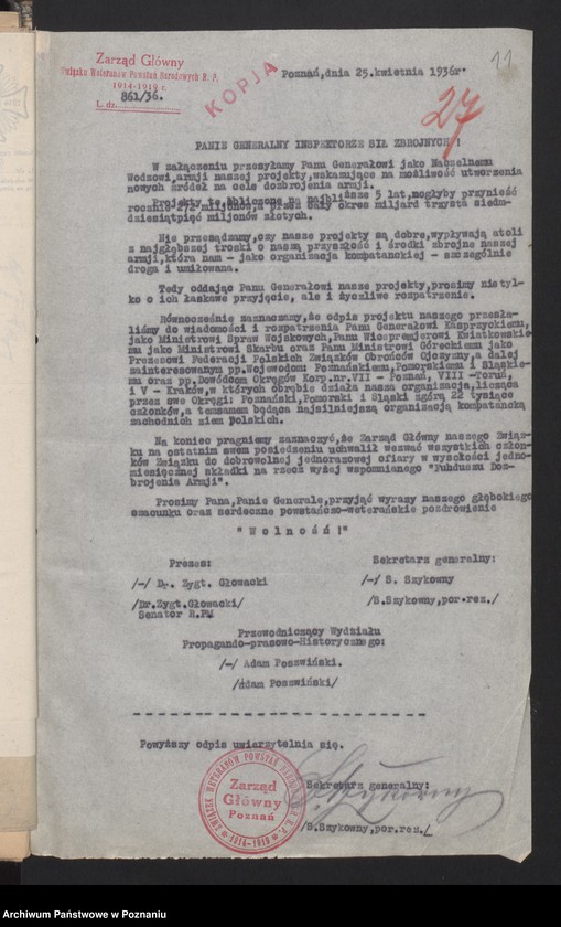 Obraz 15 z jednostki "Korespondencja Okręgu Poznańskiego Związku Weteranów Powstań Narodowych Rzeczypospolitej Polski i Związku Powstańców Wielkopolskich z Zarządem Głównym."