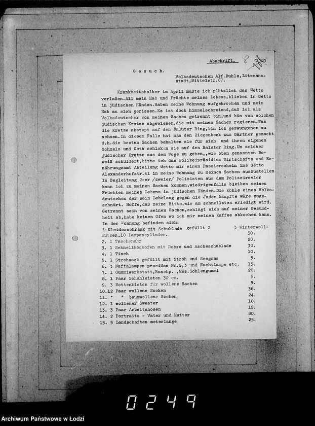 Obraz 12 z jednostki "161-195 [Wnioski ludności nieżydowskiej wysiedlonej z Getta o zwrot rzeczy pozostawionych w dawnym miejscu zamieszkania]"