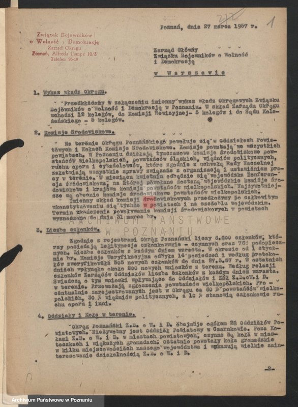 Obraz 6 z jednostki "Informacje o strukturze organizacyjnej i działalności Zarządu Okręgu Związku Bojowników o Wolność i Demokrację w Poznaniu."