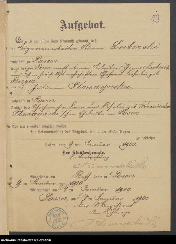 Obraz 15 z jednostki "Die von den Verlobten beigebrachten Urkunden zur Eheschliessung pro 1900"