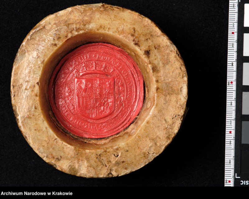 image.from.unit.number "Bona Sforza. Królowa Polski, Wielka Księżna Litewska. W polu pieczęci ukoronowana tarcza czteropolowa z herbami: polskim (prawe górne pole), Wąż Sforzów i Orzeł (lewe górne), herb mediolański i aragoński (prawe dolne), Pogoń (lewe dolne) tarczę otaczającą elementy roślinne. Otok ujęty w sznury perełek z napisem kapitalnym, renesansowym: BONA SFOR[TIA] ARAG[ONIA] D[EI] G[RATIA] REGINA POLONIE MAG[NA] DVX LITVANIE"