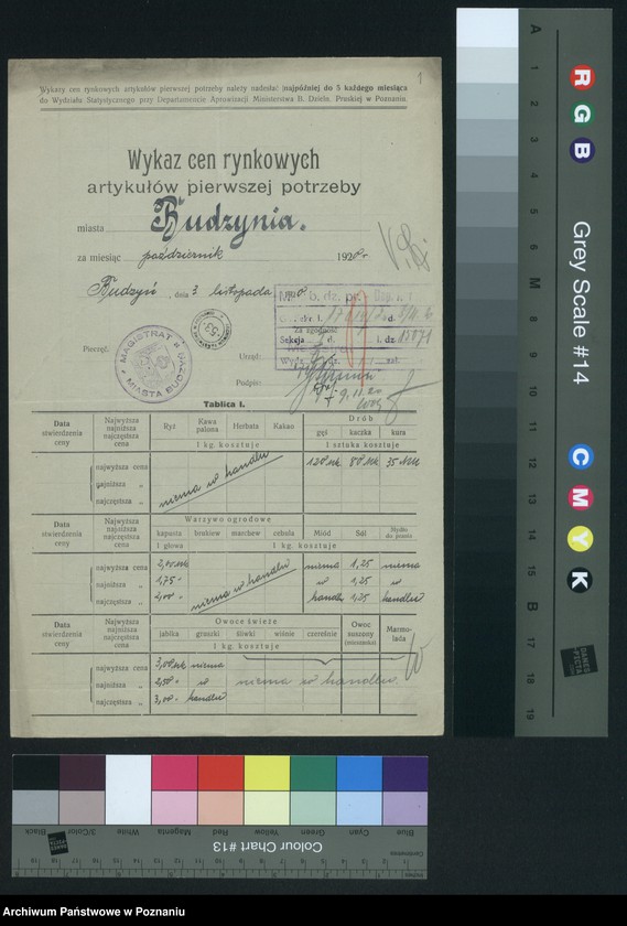 Obraz 3 z jednostki "[Wykazy cen rynkowych na artykuły spożywcze w poszczególnych miastach Województwa Poznańskiego za miesiąc październik 1920 roku]"