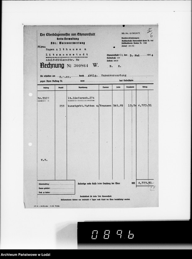 Obraz 10 z jednostki "Auftrag 592 Warenverwertung von den Judenältesten für Eugen Althausen Litzmannstadt"