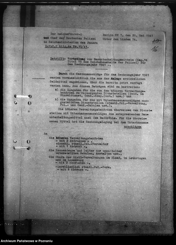 Obraz 20 z jednostki "Haushalt Polizei und Gendarmerie - Unterhaltung der Dienstgebäude des Reichshaushaltes der Polizei a) Erlasse, b) Schriftwechsel"