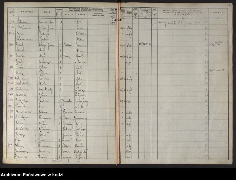 Obraz 14 z jednostki "Księga kontroli ruchu ludności (rejestr osób przybywających do gminy) Łódź, komisariat XI, ks. III, nr 7148-9187"