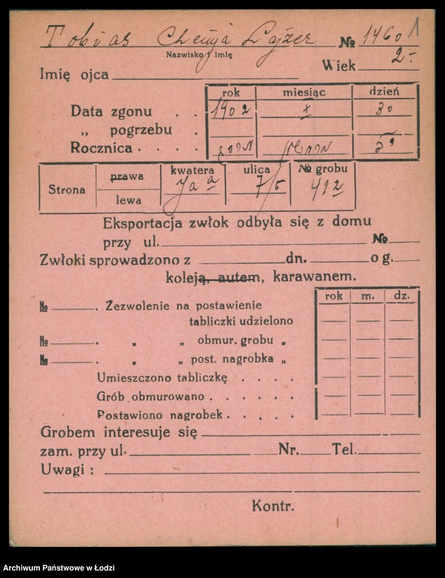 Obraz 2 z jednostki "Kartoteka osób pochowanych na cmentarzu żydowskim przy ulicy Brackiej w latach 1892-1957. Nazwiska na litery: To-Ty"