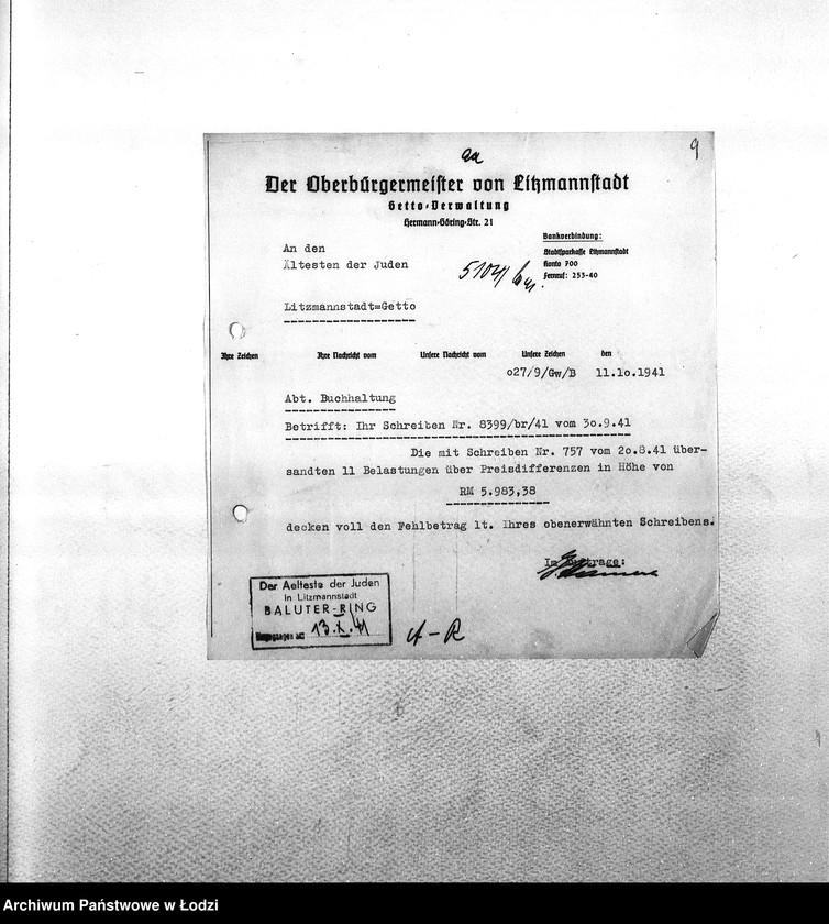 Obraz 12 z jednostki "Sonderkonto [Korespondencja PSŻ z GV w sprawach buchalteryjnych: uznanie konta za przekazane Niemcom mienie żydowskie i dostarczoną siłę roboczą w zamian świadczeń ze strony GV]"