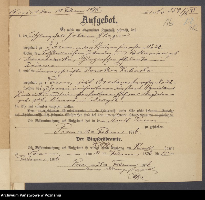 Obraz 18 z jednostki "Die von den Verlobten beigebrachten Urkunden zur Eheschliessung pro 1876"