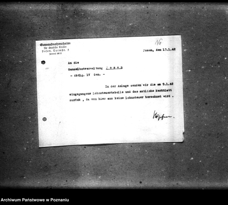 Obraz 20 z jednostki "Schriftwechsel mit der Gauselbsverwaltung [Korespondencja dotycząca spraw gospodarczych, dane o dzieciach, listy personelu niemieckiego]."