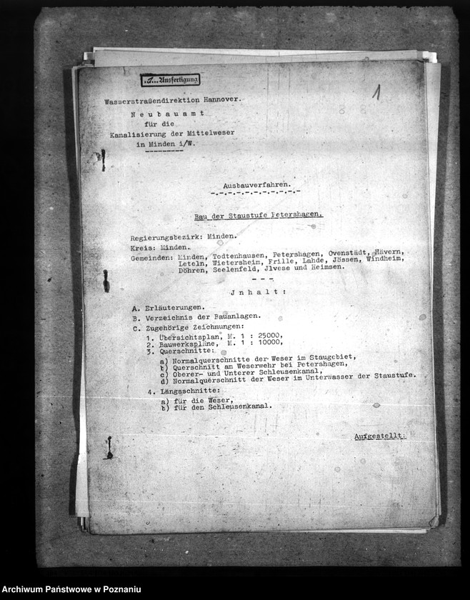 Obraz 5 z jednostki "Wasserstrassendirektion Hannover. Neubauamt für die Kanalisierung der Mitteweser Minden i. W. Staustufe Petershagen. Ausbauverfahren"