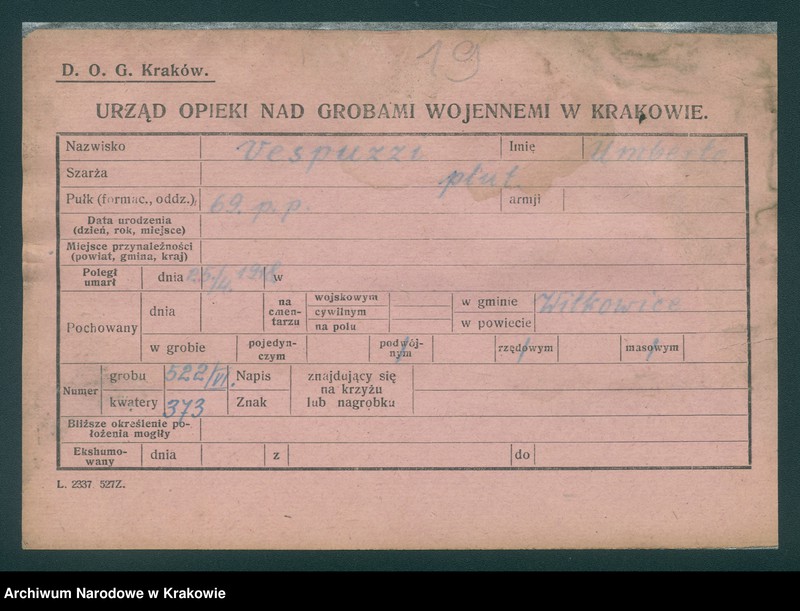 Obraz 12 z jednostki "Karty ewidencyjne zmarłych Włochów na terenie powiatów Zabrek, Cernovir, Witkowitz (Czechy)."