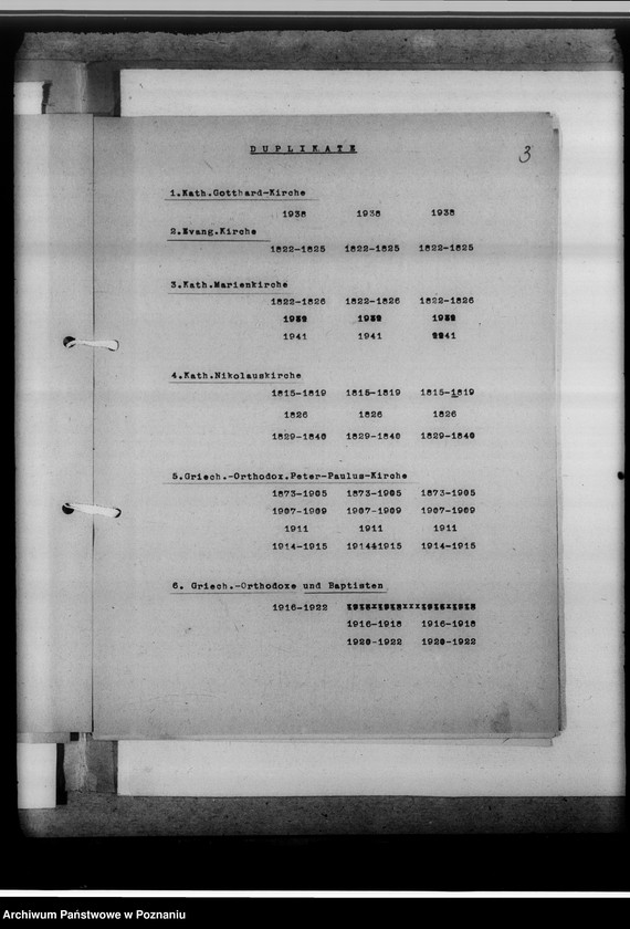 Obraz 7 z jednostki "I. Bücher evangelischer Gemeinden; II. Bücher katholischer Gemeinden: 1. Gotthard-Kirche, 2. Marienkirche, 3. Nikolauskirche; III. Bücher griechisch-orthodox. Gemeinden: 1. Peter-Paulus-Kirche, 2. Ukrainische Kirche; IV. Militärgemeinde; V. Griech.Orthodox. und Baptisten; VI. Griech.Orthodox. und Juden; VII. Adventisten; VIII. Baptisten; IX. Juden; X. Kathol.-protestantische Zivilstandsregister Kalisch-Stadt [z terenu miast Kalisza]. Mikr.074979. Brak datacji, podano daty skrajne zesp."