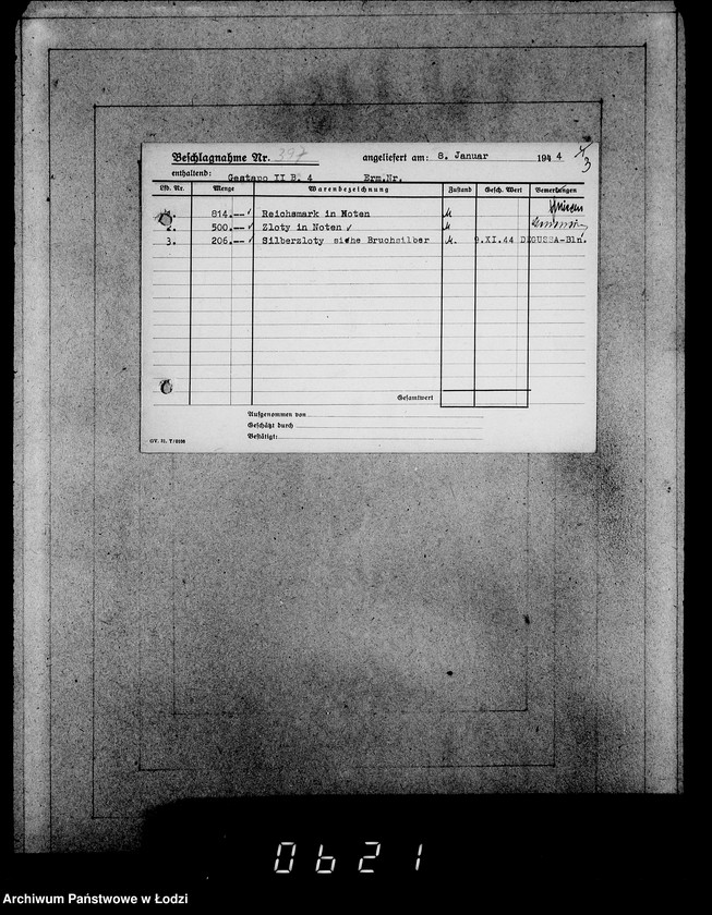 Obraz 7 z jednostki "Gestapo 200-400 [Kartoteka skonfiskowanego majątku ruchomego u Żydów]"