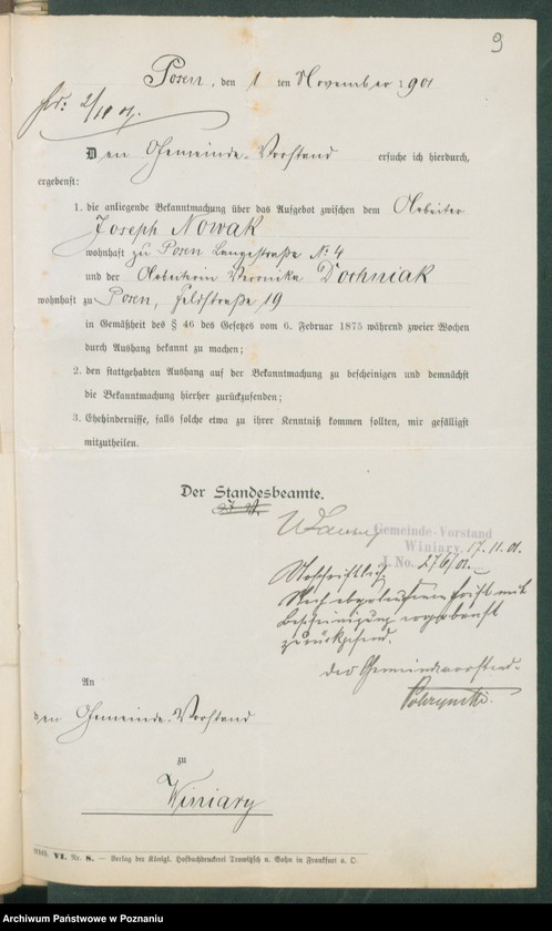 Obraz 11 z jednostki "[Dokumenty dostarczone przez narzeczonych do zawarcia związku małżeńskiego za 1901 rok. Tom XVIII]"