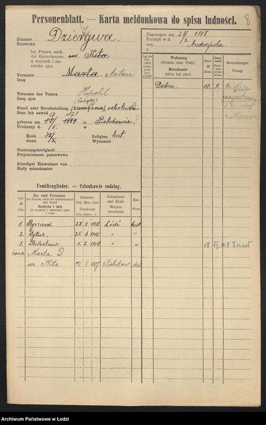 Obraz 10 z jednostki "[Spis ludności Łodzi] Dziewolecki - Dzwonkowski"