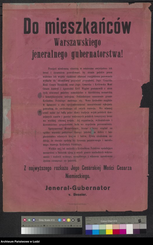Obraz 1 z jednostki "[Odezwa Cesarsko-Niemieckiego Generalnego Gubernatorstwa Warszawskiego informująca mieszkańców o proklamacji Królestwa Polskiego]"