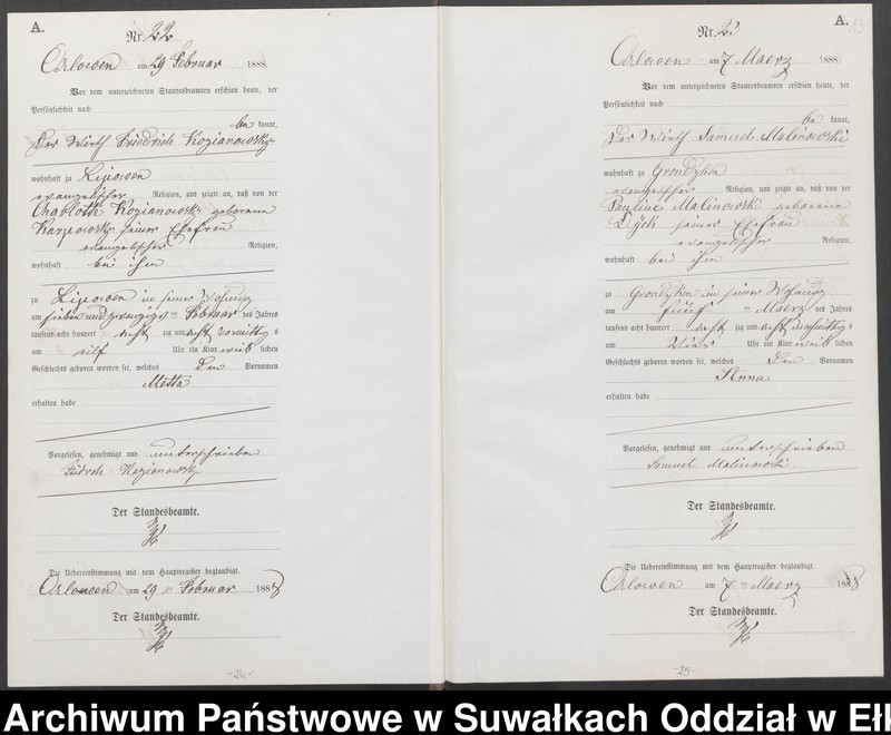 image.from.unit.number "Geburts-Neben-Register des Preussischen Standes-Amtes Orlowen Kreis Loetzen für das Jahr 1888"