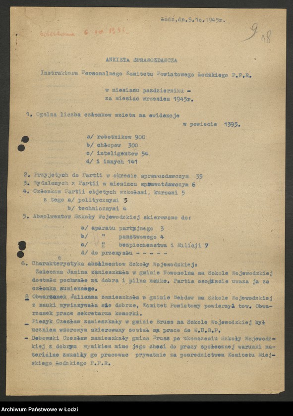 Obraz 19 z jednostki "Sprawozdania [z działalności i ankiety sprawozdawcze instruktora personalnego za lata 1945 - 1946]"