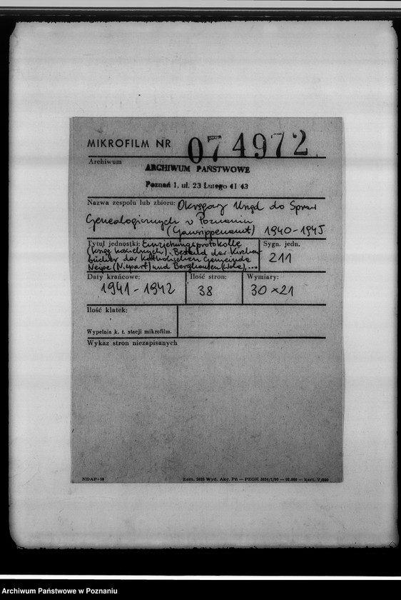 Obraz 2 z jednostki "Einziehungsprotokolle [ksiąg kościelnych]. Bestand der Kirchenbücher der katholischen Gemeinde Neipe [Niepart] und Berghausen [Wola], Kreis Gostingen [powiat gostyński]"