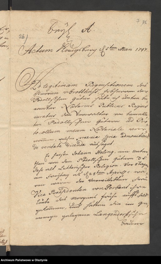 image.from.unit.number "In S. [Sachen] Carl Dieterich von Grothuß contra die verwittibte Tribunals=Vice=Praesidentin von Perbant wegen Umbpfügung und Besäung eines zu Podollen und Schalwen [Schallwen] gehörigen Stück Akers Garbnicken genannt"