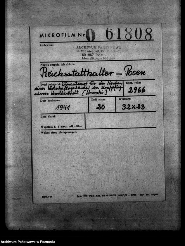 Obraz 2 z jednostki "Verentwurf für den Neubau eines Wirtschaftsgebäudes des Strafgefängnisses Warthestadt (Wronki)"